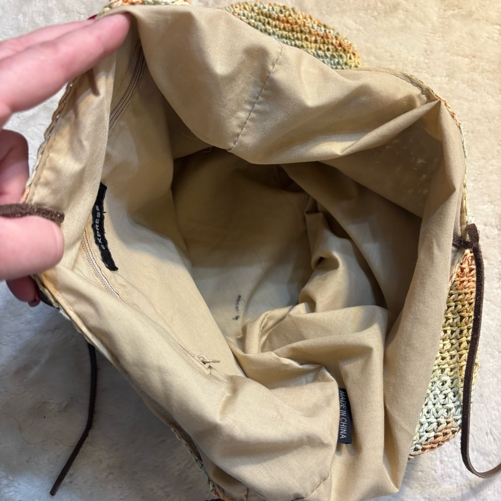 Express Knit Boho Bag Cream Orange Green Yellow Hobo Shoulder Bag Brown Straps - Picture 12 of 16